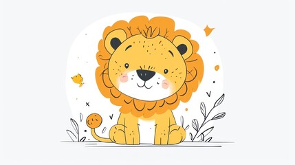  a drawing of a lion sitting on the ground with its head turned to the side, with a smile on it's face.