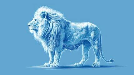  a drawing of a lion's body in blue and white on a light blue background, with the image of a lion's head on the left side of the image.