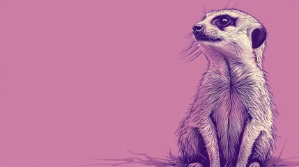  a drawing of a meerkat sitting on its hind legs with its head turned to the side on a pink background.