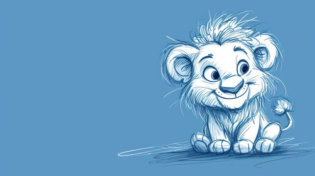  a drawing of a lion sitting on the ground with its mouth open and a smile on it's face.