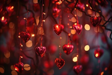 Obraz na płótnie Canvas Red Hearts Hanging From Tree Beautiful Valentines Day Decoration in Generative AI