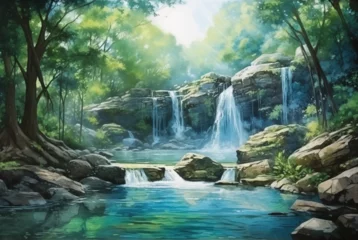 Cercles muraux Vert bleu Watercolor painting of a waterfall landscape in a deep forest with lush green trees. Travel to experience nature and relax on holidays.
