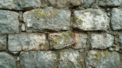 Ancient stone wall with lichen and water stains.