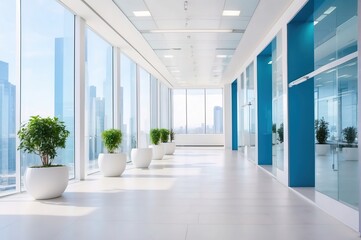 Modern white blue office interior of business center with glass wall and empty space for branding...