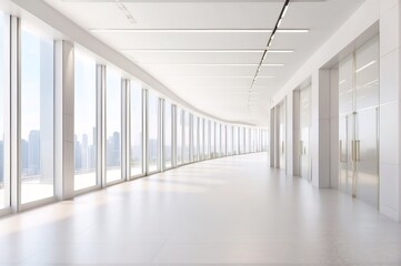 Modern white gold office hallway interior of business center with glass wall and empty space for branding or presentation. Corporate background