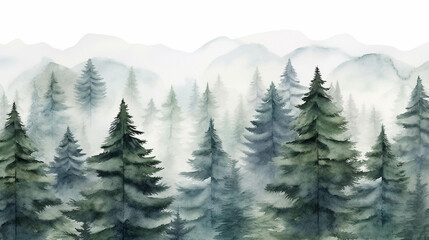 Fototapeta premium Beautiful nature watercolor picture of pine trees.