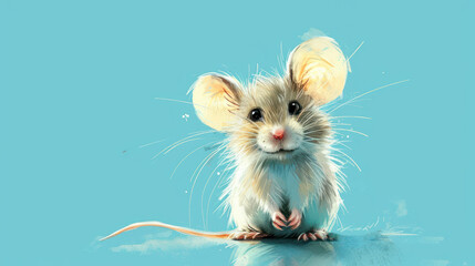  a painting of a mouse sitting on top of a blue surface with its front paws on the mouse's back end.