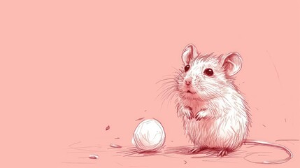  a drawing of a mouse and a tennis ball on a pink background with a pink background and a pink background.
