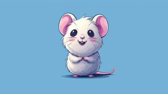  a white mouse with a bow tie on it's head, sitting on the ground, in front of a blue background.