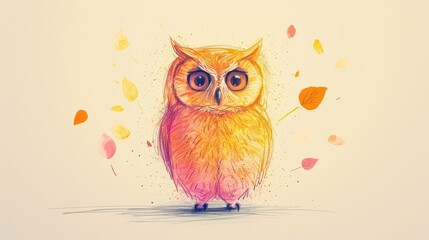  a drawing of an owl standing in front of a white wall with autumn leaves on it's back ground.