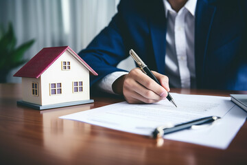 Real estate agent explained the terms and conditions of home Concept for selling house and home insurance. Concluding contract for the purchase and sale of house, rental housing, property insurance.