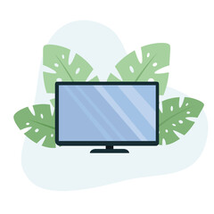 TV  flat vector Illustration Icon decorated with leaves for web use for television, entertainment, display, wide screen 
