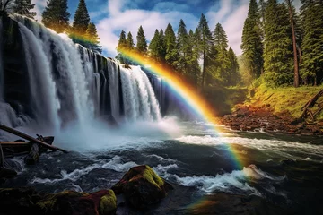 Papier Peint photo Noir Spring waterfalls landscape with rainbow