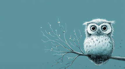  a drawing of an owl sitting on a branch with water droplets on it's wings and eyes, on a blue background.