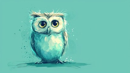  a painting of an owl sitting on the ground with its eyes wide open and looking at the camera with a blue background.
