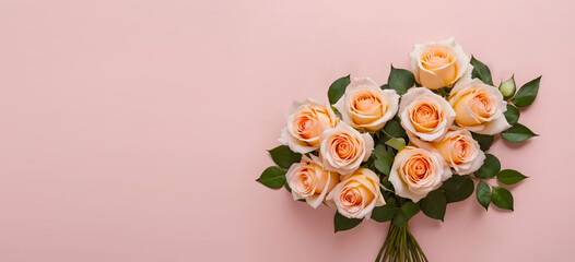 Flat lay roses bouquet on isolated pastel background