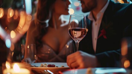Cropped image of loving couple is spending time together in modern restaurant. Attractive young woman in dress and handsome man in suit are having romantic dinner. Celebrating Saint Valentine's Day. 