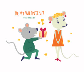 St Valentine's day card with  cartoon cute rats in love vector illustration