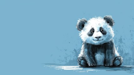  a black and white panda bear sitting on the ground with its paws on it's chest, with a blue background.