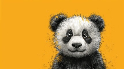  a black and white panda bear sitting in front of a yellow background with a black and white drawing of it's face.