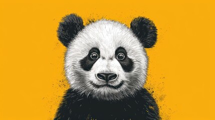  a panda bear with a yellow background and a black and white picture of it's face on a yellow background.