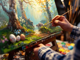 Fotobehang An artist's hand adds colourful details to a serene landscape painting of spring and Easter. © Jan