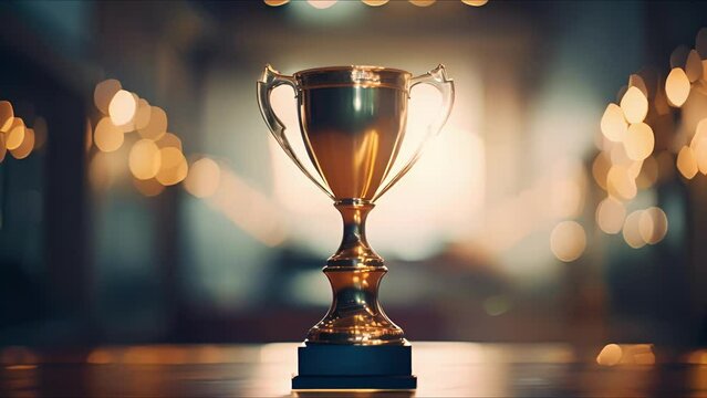 Closeup of a shiny trophy sitting on a pedestal.