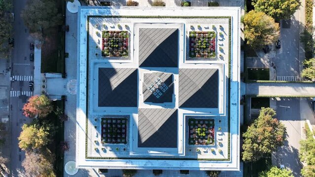 USA Government Building With Rooftop Gardens And Cones. Aerial Top Down Rising Shot Above North Carolina Legislative Building.