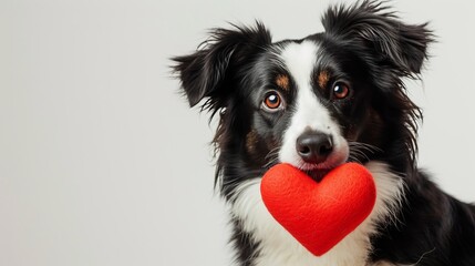 St. Valentine's Day concept. Funny portrait cute puppy dog border collie holding red heart in mouth isolated on white background, close up. Lovely dog in love on valentines day gives gift    - obrazy, fototapety, plakaty