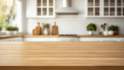 Empty wooden table top on blur scandinavian kitchen room background, Mockup banner for display of advertise product, Background of food photo posting - obrazy, fototapety, plakaty
