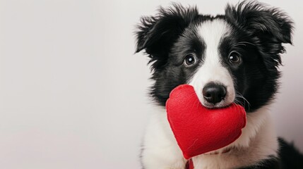 St. Valentine's Day concept. Funny portrait cute puppy dog border collie holding red heart in mouth isolated on white background, close up. Lovely dog in love on valentines day gives gift    - obrazy, fototapety, plakaty