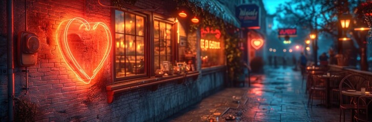 City Street at Night With Neon Heart on Wall Generative AI