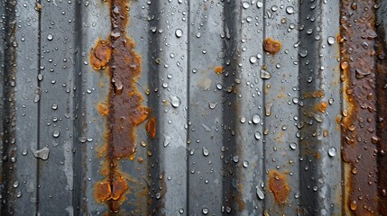 Galvanized metal with droplets of rust and water stains, showcasing the effects of weathering on industrial materials.