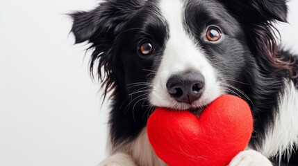 St. Valentine's Day concept. Funny portrait cute puppy dog border collie holding red heart in mouth isolated on white background, close up. Lovely dog in love on valentines day gives gift   