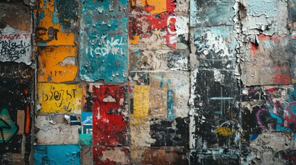 Graffiti-covered urban wall with layers of paint, rust, and dirt, showcasing the vibrant chaos of city life.