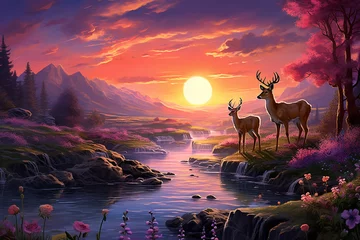 Poster Beautiful landscape with waterfalls, nature's spring awakening, a stunning sunset, and wildlife © Jacek