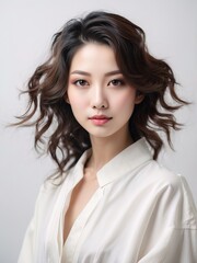 Fototapeta premium Portrait of beautiful asian women, black hair, tshirt model posing in white background, 