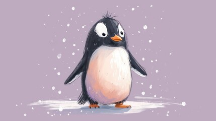  a penguin is standing in the snow on a purple background with snow flakes and snow flakes around it.
