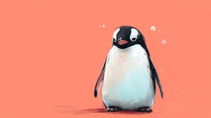  a black and white penguin standing on a pink background with bubbles coming out of it's eyes and a sad look on its face.