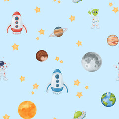 Watercolor seamless pattern of a starry sky. Blue background. Yellow stars, planet Earth, an astronaut, rocket, moon, and sun. Cosmic theme for kids. for wallpapers, children's rooms, textiles