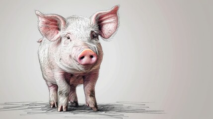  a pig with a pink nose and ears standing in front of a white background with a line drawing of a pig's face. - obrazy, fototapety, plakaty