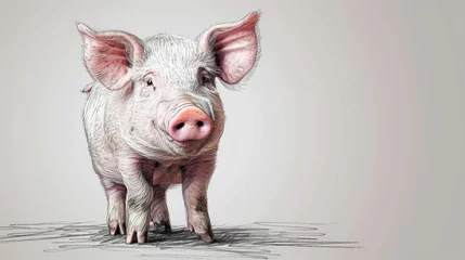 Fotobehang  a pig with a pink nose and ears standing in front of a white background with a line drawing of a pig's face. © Shanti