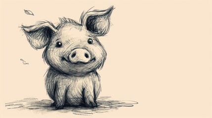  a black and white drawing of a pig sitting on the ground with its head turned to the side and eyes wide open. - obrazy, fototapety, plakaty