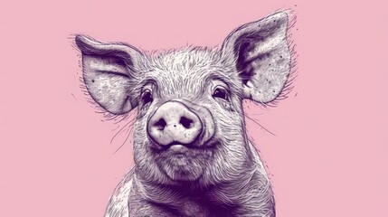  a close up of a pig's face on a pink background with a black and white drawing of a pig.