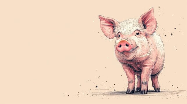  a drawing of a pig on a pink background with splots of paint on the bottom of the pig's face.