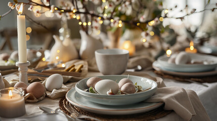 Fototapeta premium Beautiful Easter Table Setting with Flowers and Easter Eggs 