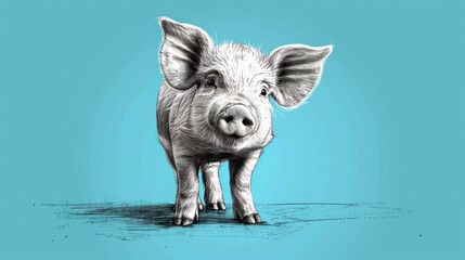  a black and white drawing of a pig looking at the camera with a sad look on it's face.
