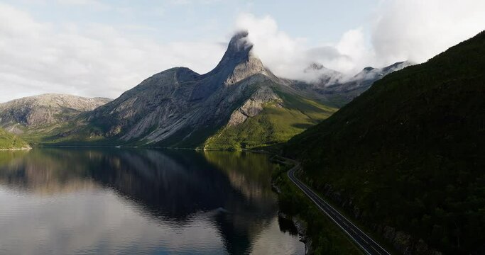 Tranquil View Of Stetind National Mountain With Reflection In Narvik, Nordland County, Norway. Aerial Wide Shot