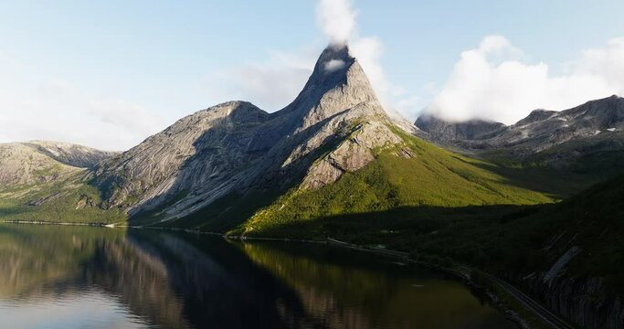 Prominent Mountain Of Stetind During Autumn In Nordland County, Norway. Aerial Wide Shot