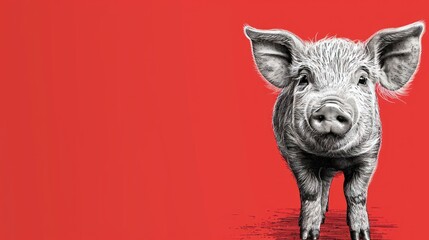  a black and white photo of a pig on a red background with a black and white drawing of a pig.